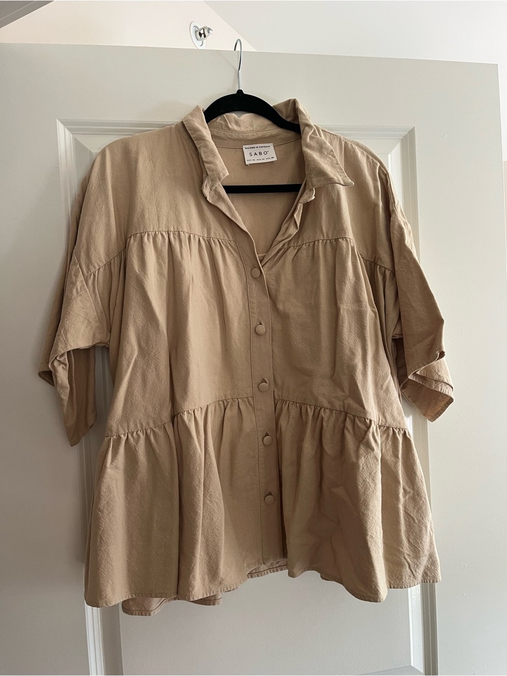 Sabo Oversized Beige Button-Front Peplum Shirt